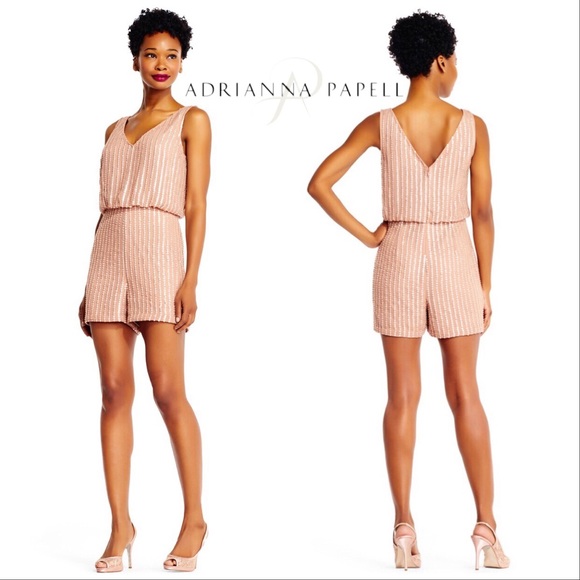 Adrianna Papell Pants - 🆕 Adrianna Papell Rose Gold Beaded Stripe Romper